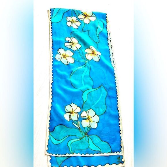 Vintage hand painted tropical floral turquoise white silk scarf